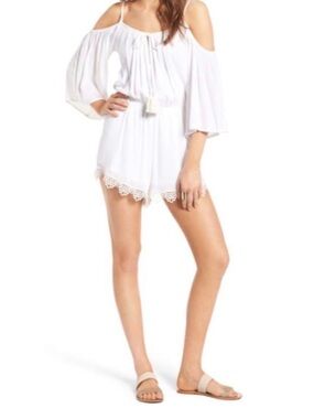 Socialite Ivory Cold-Shoulder Lace Trim Romper